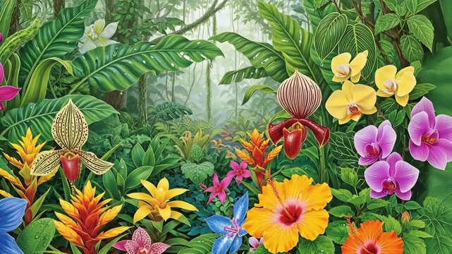 Lush tropical jungle scene featuring diverse orchid and exotic flower varieties