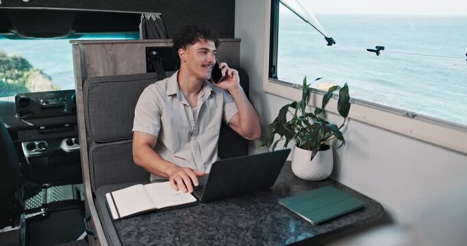 Travel, laptop and phone call with man in van for blog, freelancer or holiday review. Road trip advisor, online guide and remote work with person in campervan vehicle for contact or digital nomad