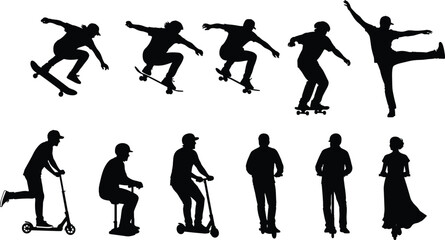 Active People Silhouette Collection Performing Skateboard Tricks, Scooter Riding, and Movement for Extreme Sports, Urban Activity, Youth Culture, or Action Vector Illustration