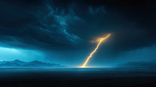 A dramatic image of a lightning strike illuminating a landscape under a dark, stormy sky. The scene evokes a sense of power and awe.