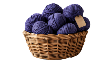 Purple yarn balls in woven basket with label on white background for knitting and craft  

