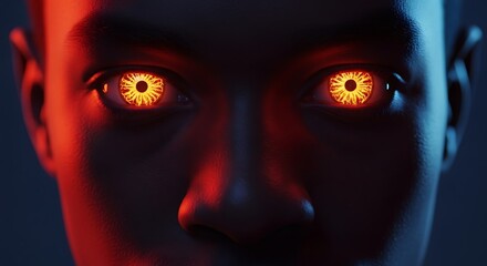 Intense closeup of a mans face with glowing orange eyes, creating a striking and futuristic portrait with a dark and mysterious atmosphere