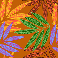 Seamless pattern of stylized leaves on a brown background. For coloring fabrics, wallpaper, wrapping paper and much more.
