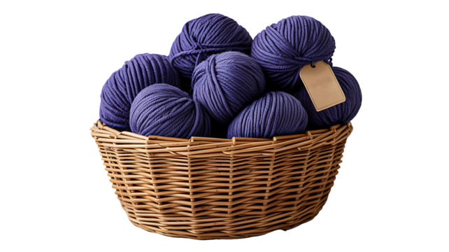 Purple yarn balls in woven basket with label on white background for knitting and craft  

