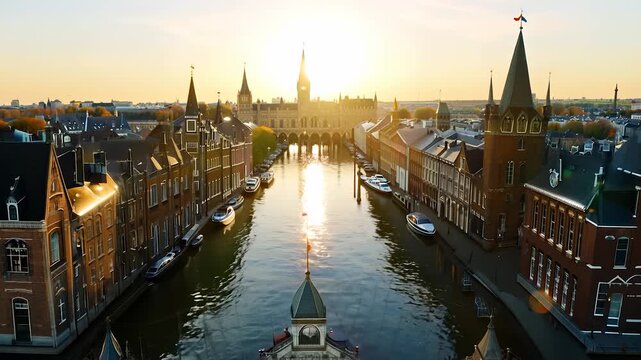 A picturesque canal flows gently under the warm glow of the setting sun, flanked by charming historical buildings. Boats bob quietly on the water's surface, creating a serene atmos