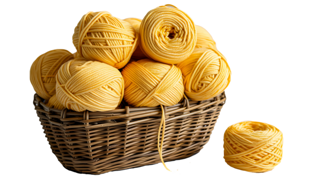 Yellow yarn balls in woven basket with separate roll on white background for knitting and craft  
