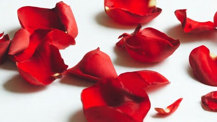 Red Rose Petals Scattered on White Background