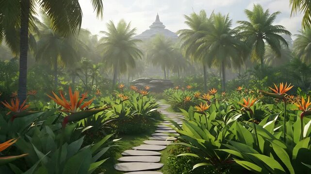 Lush tropical path with bird of paradise flowers and a temple landscape