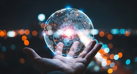 A hand holding a glowing digital globe with city lights in the background, symbolizing technology, innovation, and global connectivity in the digital age