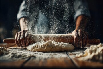 Artisanal Craftsmanship - A Bakers Hands Rolling Dough in a Dramatic Cloud of Flour.