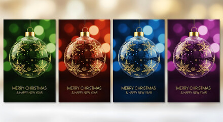 Four Christmas ornaments with snowflake designs in green red blue and purple holiday decoration