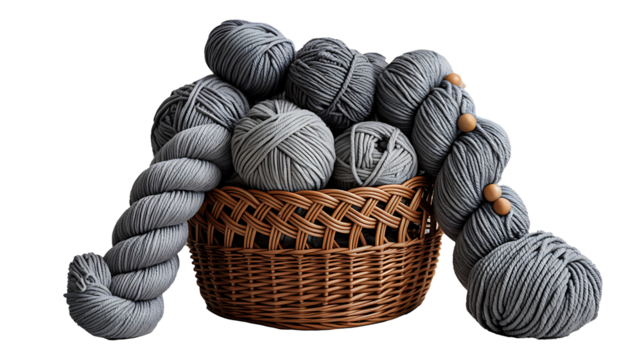 Grey yarn balls in woven basket on white background for knitting and craft concept  
