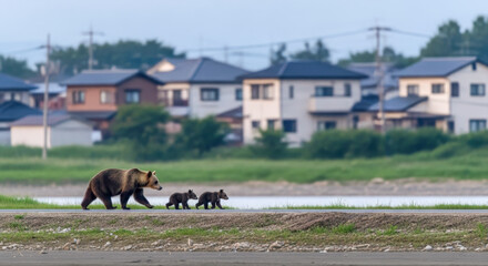 A brown bear with two cubs walks along a paved path near a suburban neighborhood, highlighting wildlife encroaching on urban areas.