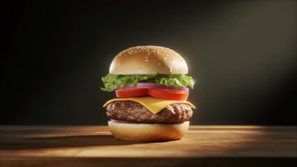 Watch as a juicy hamburger magically assembles itself with fresh ingredients in this mouthwatering food video, perfect for fast food marketing