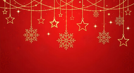 Golden stars and snowflakes hanging on red background with sparkles decoration