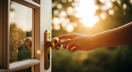 A hand opens a door to a bright, sunny day, inviting you to step into a world of possibilities and new beginnings with a golden glow
