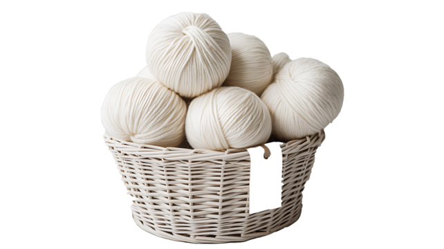 Basket of white yarn balls for knitting on white background
