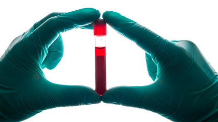 Gloved hands holding vial of blood for medical research and testing analysis on isolated background