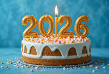 Happy New Year 2026, cute cake with golden candle number 2026 for new year celebrate party was lit. flame at candlewick sway and flicker with blue background, horizontal.