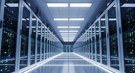 A futuristic server room with rows of data storage racks, showcasing advanced technology and infrastructure for data management and processing