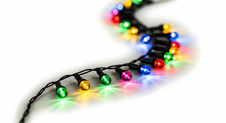String of colorful L E D lights on white background with soft glow bulb