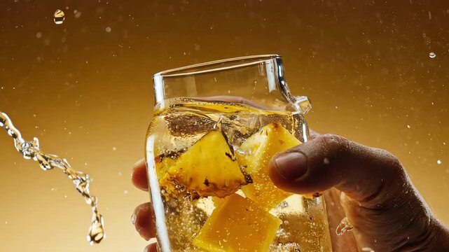 A hand holds a glass of amber liquid with pineapple chunks as water splashes