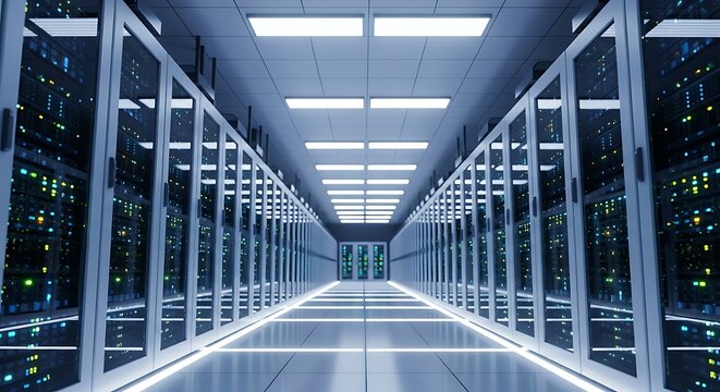 A futuristic server room with rows of data storage racks, showcasing advanced technology and infrastructure for data management and processing