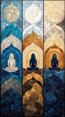 Three panels of stained glass depicting meditating figures in a serene and spiritual setting. The artwork features a mosaic-like style with various colors and t