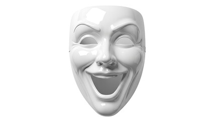 A white mask with a sinister smile isolated on white background, creating a sense of mystery and intrigue with its exaggerated expression