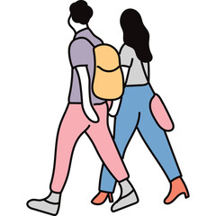 Two People Walking Side By Side With Backpacks and Colorful Outfits A Graphic Illustration With A Transparent Background
