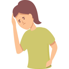 Sick young woman with brown hair holding her head in distress wearing a lime green t-shirt with a transparent background illustrating discomfort and illness symptoms such as headache or migraine