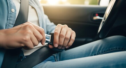 A person fastens their seatbelt inside a car, emphasizing safety measures and responsible driving habits for protection during travel and accident prevention