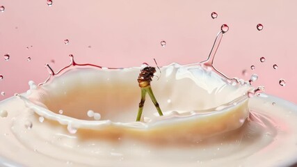 A plant stem stands tall in a milk splash on a pink background - Powered by Adobe