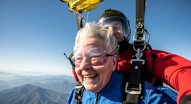 An elderly woman experiences the thrill of skydiving with a tandem instructor, enjoying the breathtaking aerial view and the adrenaline rush