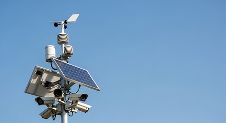 Weather station with solar panel and multiple sensors for monitoring environmental conditions, showcasing renewable energy and technological advancements