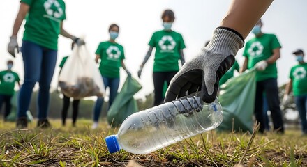 Volunteers unite to clean up litter, donning green shirts and gloves as they collect plastic bottles, promoting environmental responsibility and community action