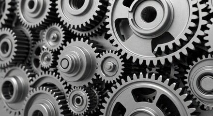Precision metallic gears interlocking in a detailed close-up, illustrating complex mechanical systems and industrial engineering.