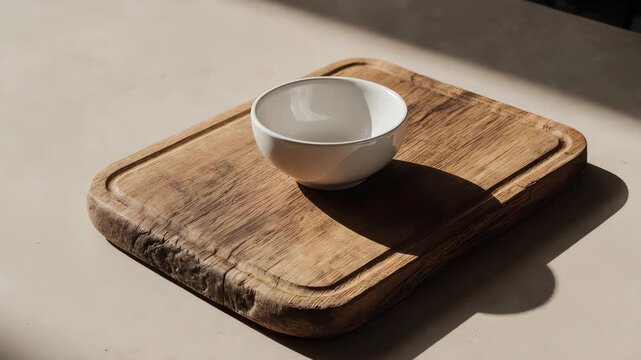 A white bowl sits on a rustic wooden cutting board