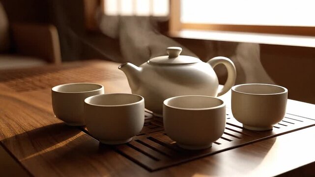 A white teapot and four cups on a wooden table with steam rising