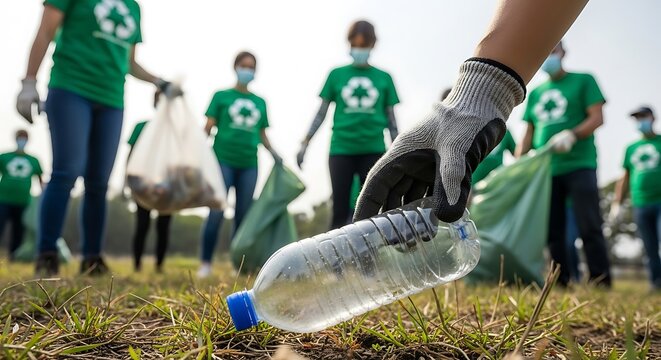 Volunteers unite to clean up litter, donning green shirts and gloves as they collect plastic bottles, promoting environmental responsibility and community action - Powered by Adobe