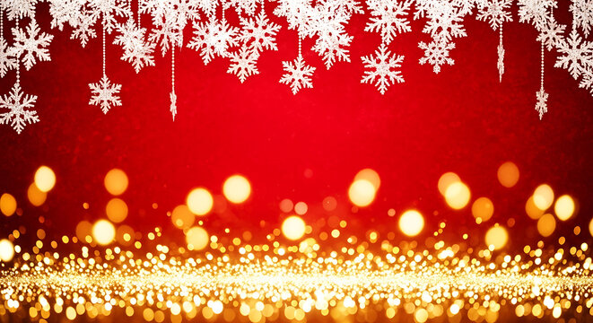 Red background with white snowflakes and golden bokeh lights image - Powered by Adobe