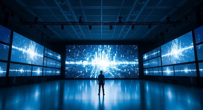 A lone figure stands before a wall of screens displaying a mesmerizing display of blue light, creating a futuristic and immersive experience