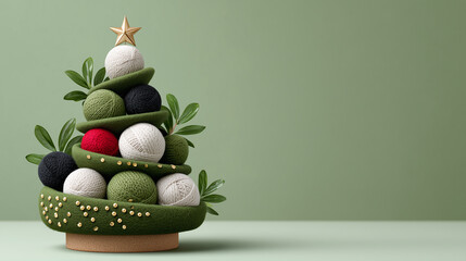 Creative yarn Christmas tree made of colorful yarn balls, adorned with decorative elements, showcasing a unique and festive holiday decoration concept with a minimalist background