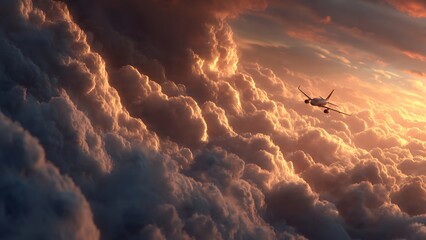Soaring commercial airliner navigates breathtaking golden hour clouds, symbolizing adventure and freedom on an epic journey.