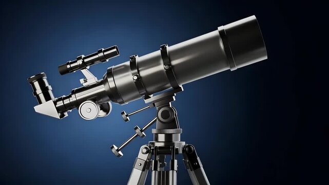 Polished silver telescope resting on a tripod against a deep blue background