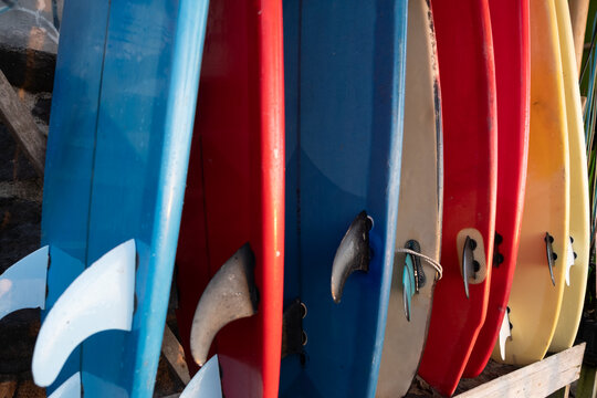 Bright racked up surfboards 