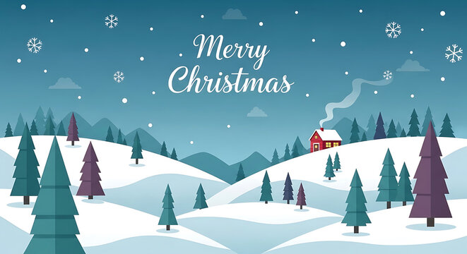 Snowy winter landscape with red house and fir trees Merry Christmas image