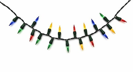 String of multicolored Christmas lights on a white background holiday decoration