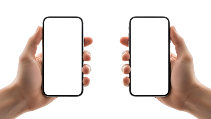 Showcase your app design using two phones held in hands with blank white screens on isolated background