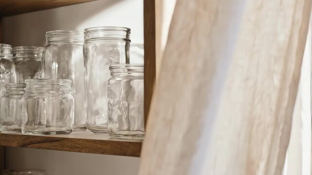 Clear glass jars of various sizes on a wooden shelf